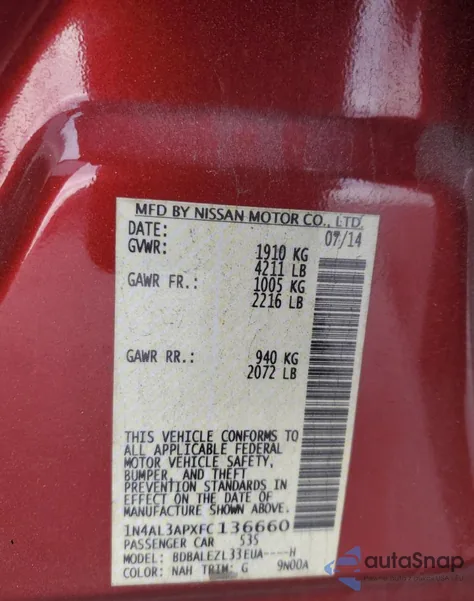 2015 Nissan Altima 2.5 z USA, uszkodzony, nr VIN 1N4AL3APXFC136660